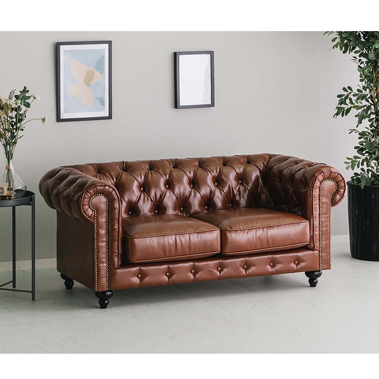 2Pソファ チェスターフィールド 英国風 2人用 バイキャストPVC 合皮