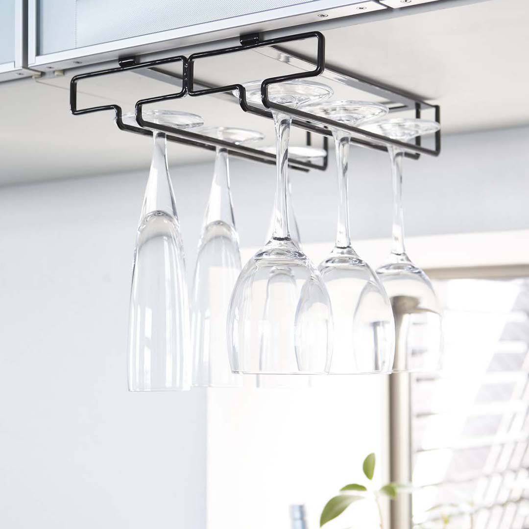 tower】戸棚下ワイングラスハンガー ダブル ブラック｜キッチン用品