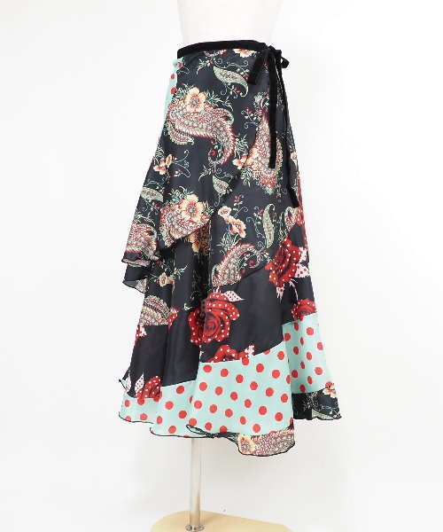 フラメンコ 巻きスカート ブラック×グリーン【 フラメンコ 衣装