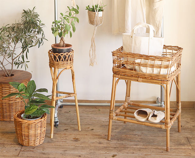 ラタン製ランドリー スタンドバスケット タオル収納 籐かご