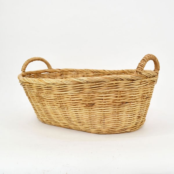 タイ製 ラタンふち付楕円バスケット Lサイズ 持ち手付 深型トレー