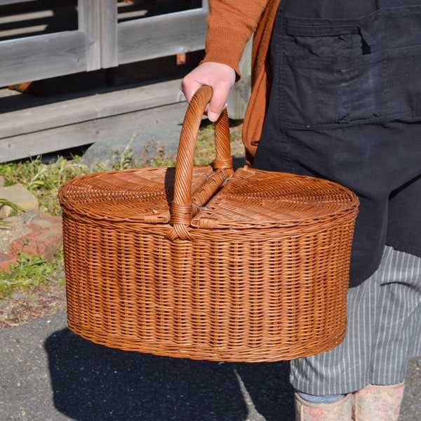 大きなピクニックバスケット ふた付き ラタン 籐 インドネシア産 丈夫