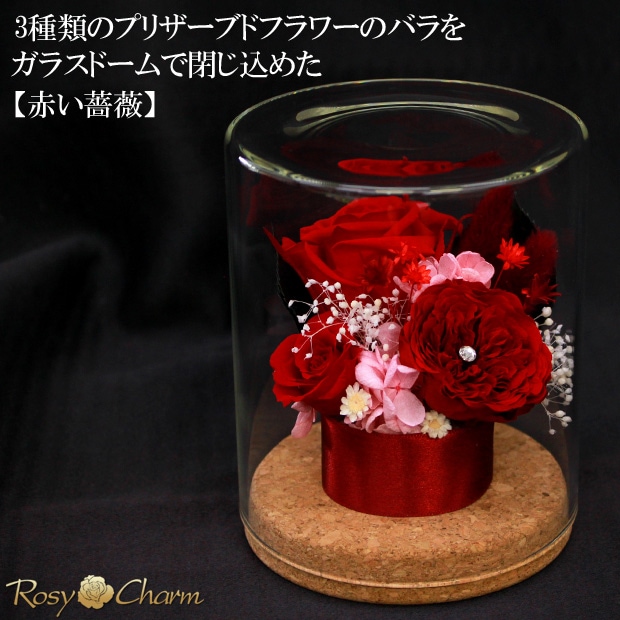 プリザーブドフラワー ガラスドーム【赤いバラ】3輪のバラ｜誕生日