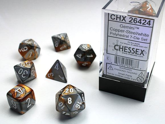 Chessex: Gemini Copper-Steel/White Polyhedral 7-Die Set (CHX26424