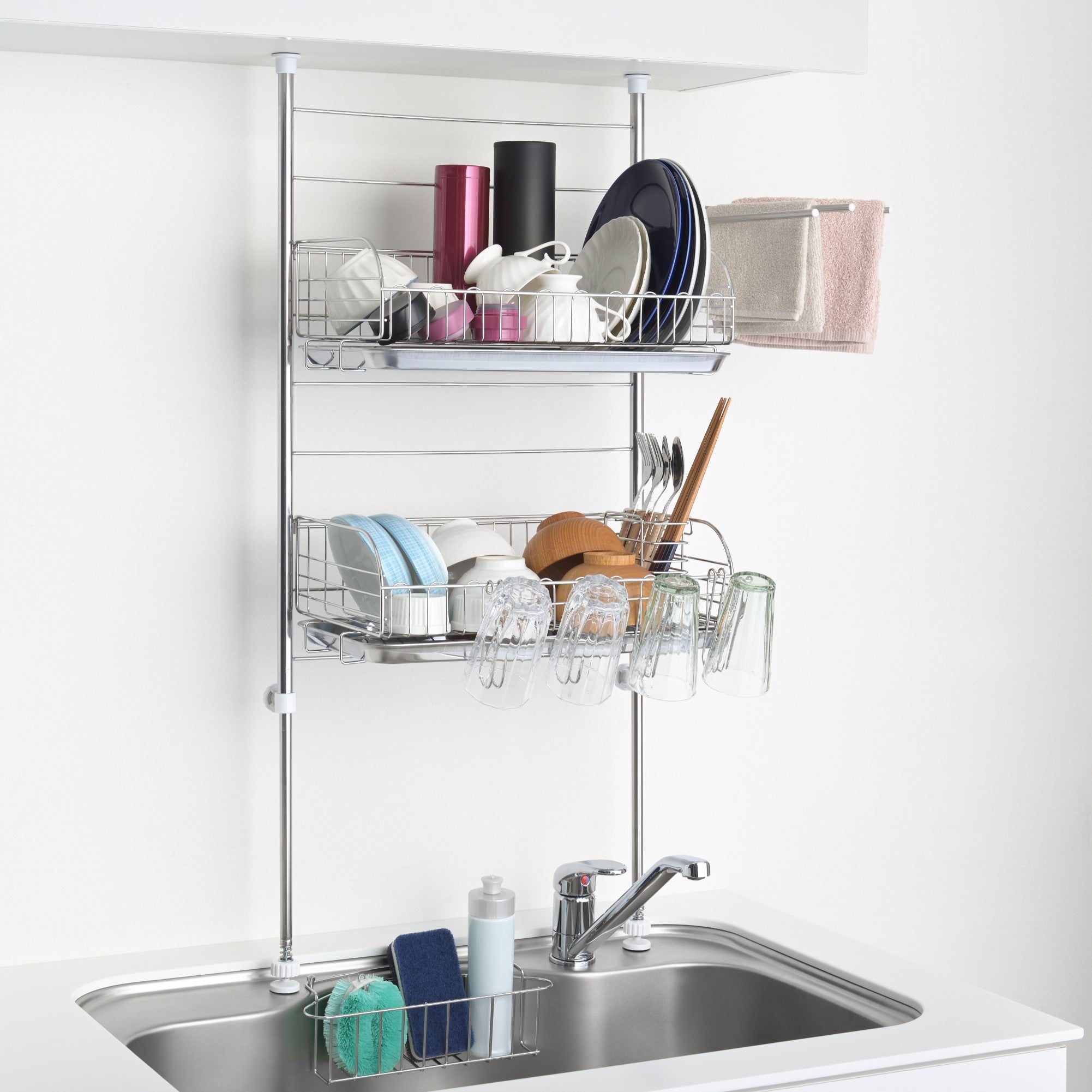 ヨシカワ 日本製 シンク上 かごが外せる突っ張り水切り DX 箸立て