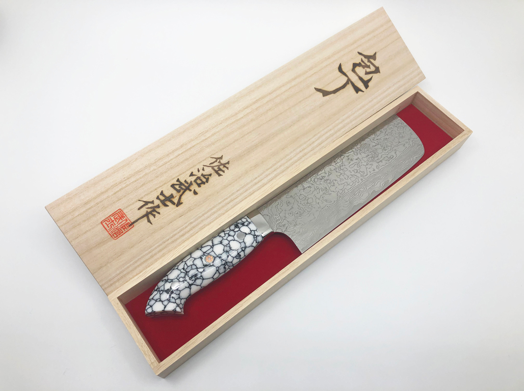 佐治武士R2野村型ダイヤ仕上げ菜切包丁170mm白ターコイズハンドル