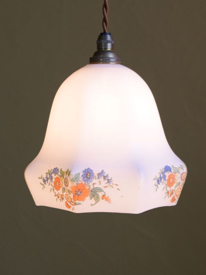 イギリスのアンティーク照明、花模様のアンティークシェード(コード