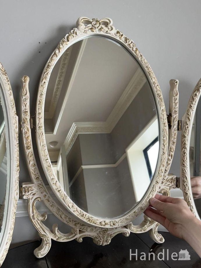 フランスから届いた美しい三面鏡、アンティークの白いテーブルミラー(m