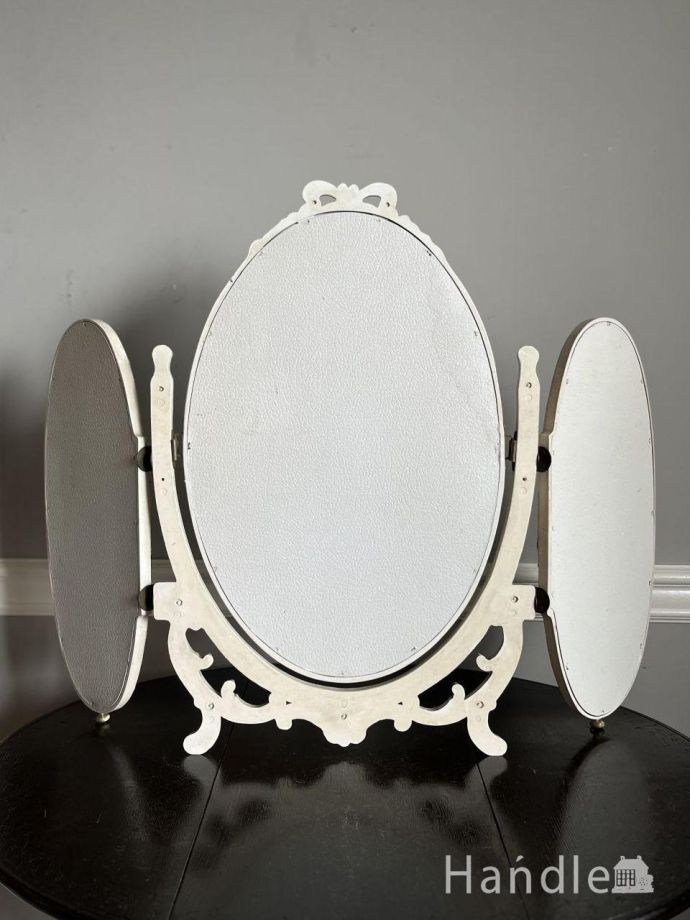 フランスから届いた美しい三面鏡、アンティークの白いテーブルミラー(m