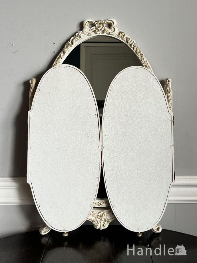 フランスから届いた美しい三面鏡、アンティークの白いテーブルミラー(m