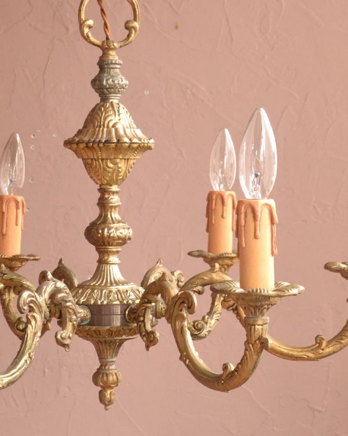 イギリスのアンティークシャンデリア、真鍮製の照明(6灯)（E17
