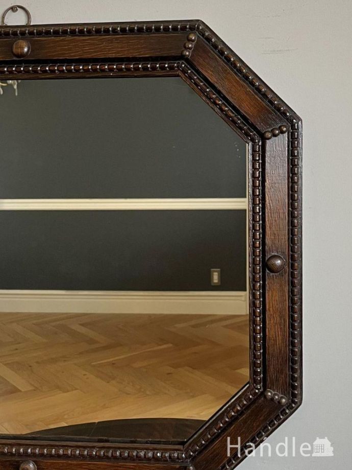 オーク材のおしゃれな壁掛け鏡、英国アンティークの男前ミラー(k-5839