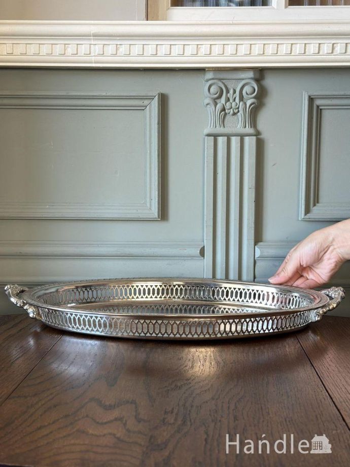 英国アンティークシルバープレートのギャラリートレイ、英国の持ち