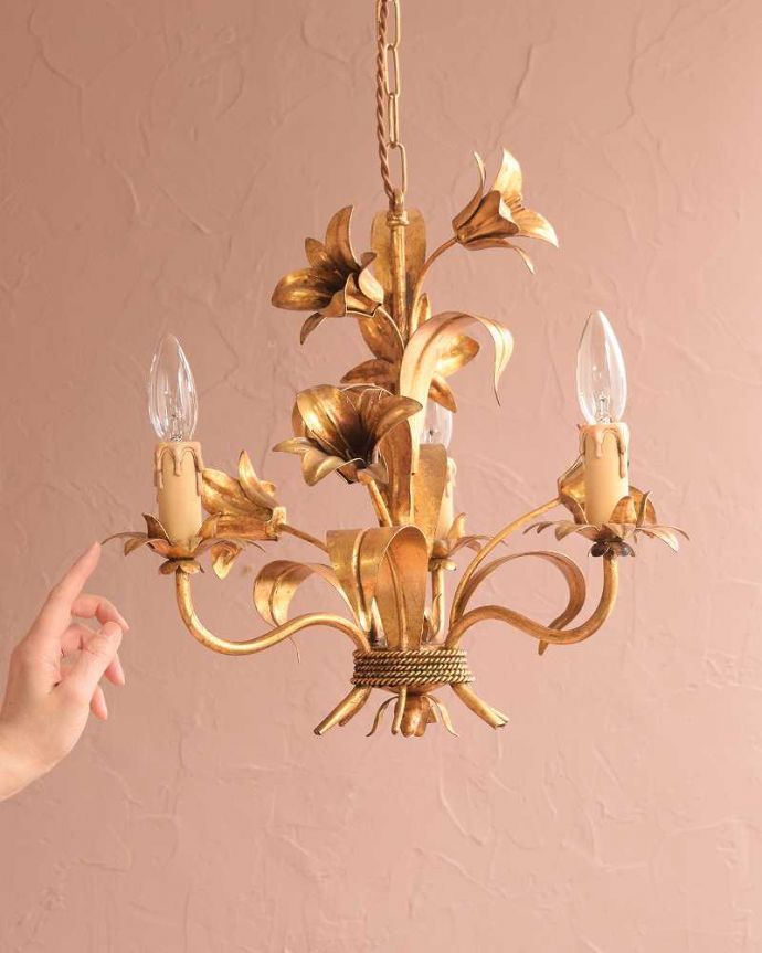 エレガントな真鍮製アンティークシャンデリア（3灯）（E17