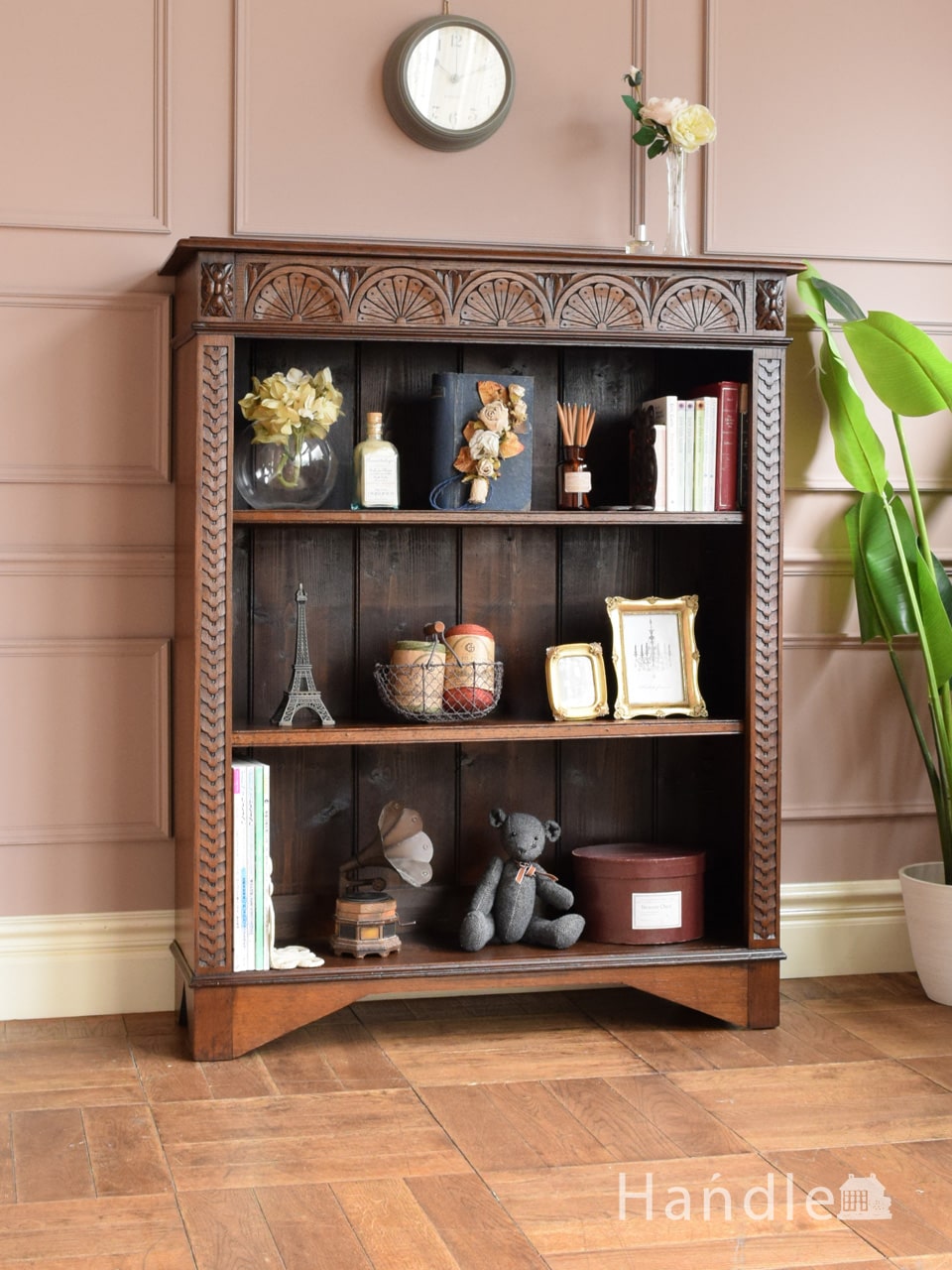 英国のアンティークのおしゃれな本棚、オーク材のオープンブック