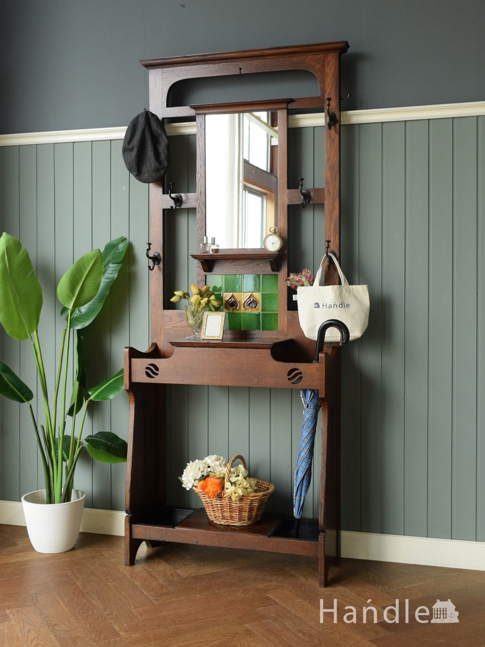 イギリスのアンティーク家具、玄関で使うベンチ付きの傘立て、ホール