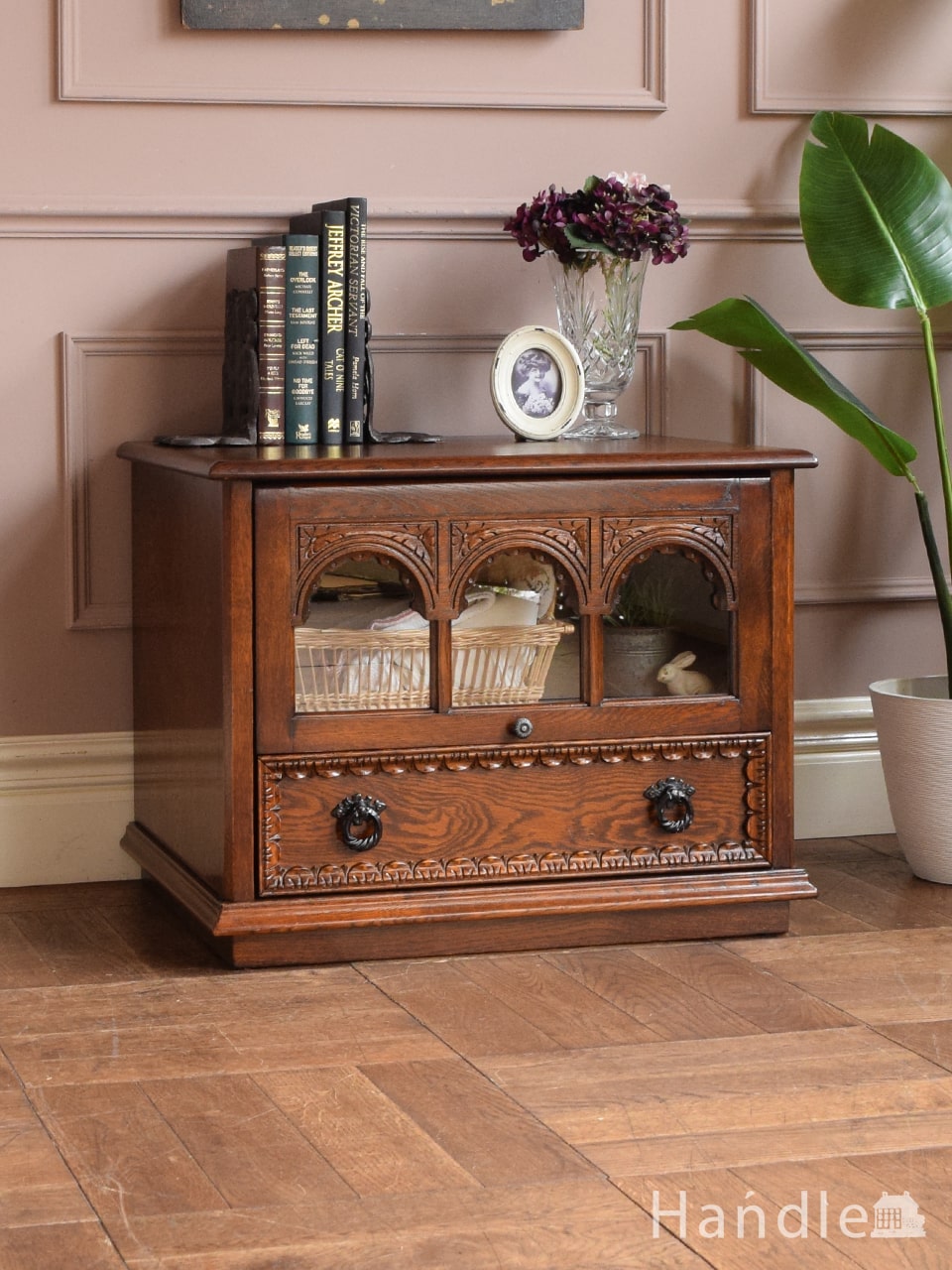 英国アンティークのローボード、オーク材のおしゃれなテレビ台(h-144-f