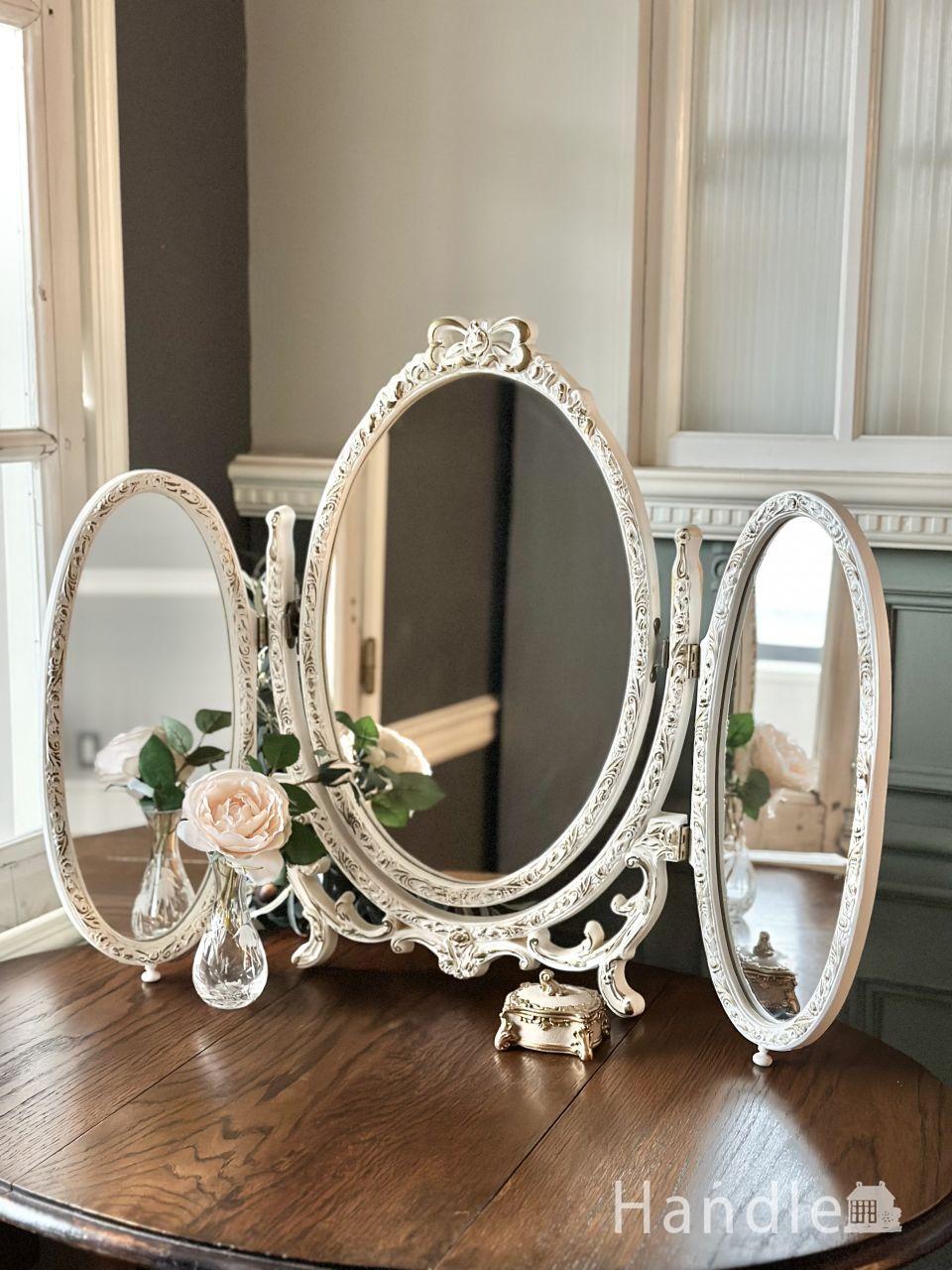 大きなリボンが可愛いアンティークのミラー、フランスから届いた白い