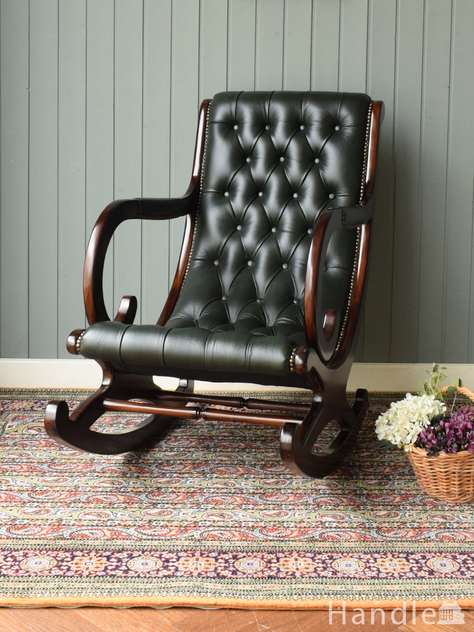 英国から届いたアンティークソファ、革張りのロッキングチェア(k-871-c