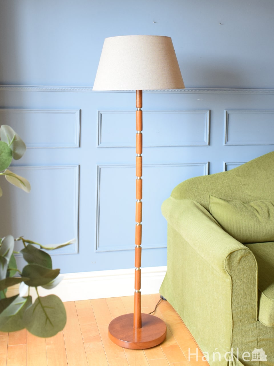 イギリスのアンティークスタンド照明、布シェードのフロアランプ(k