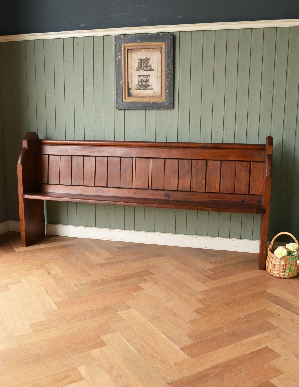 イギリスで見つけたアンティークの長椅子、オールドパインのチャーチ