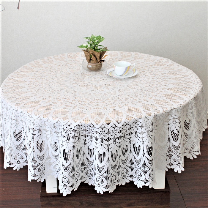 円形150cm 撥水加工レーステーブルクロス ホワイト 日本製【5818】