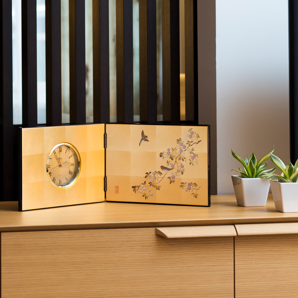 箔一 hakuichi 金箔 金沢箔 金沢 工芸品 花見鳥 屏風時計