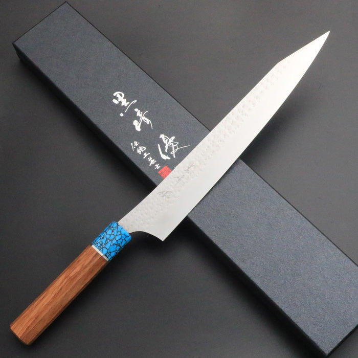 黒崎優 「閃光」筋引き包丁 270mm 紫檀柄ターコイズ桂 – HAGAKURE