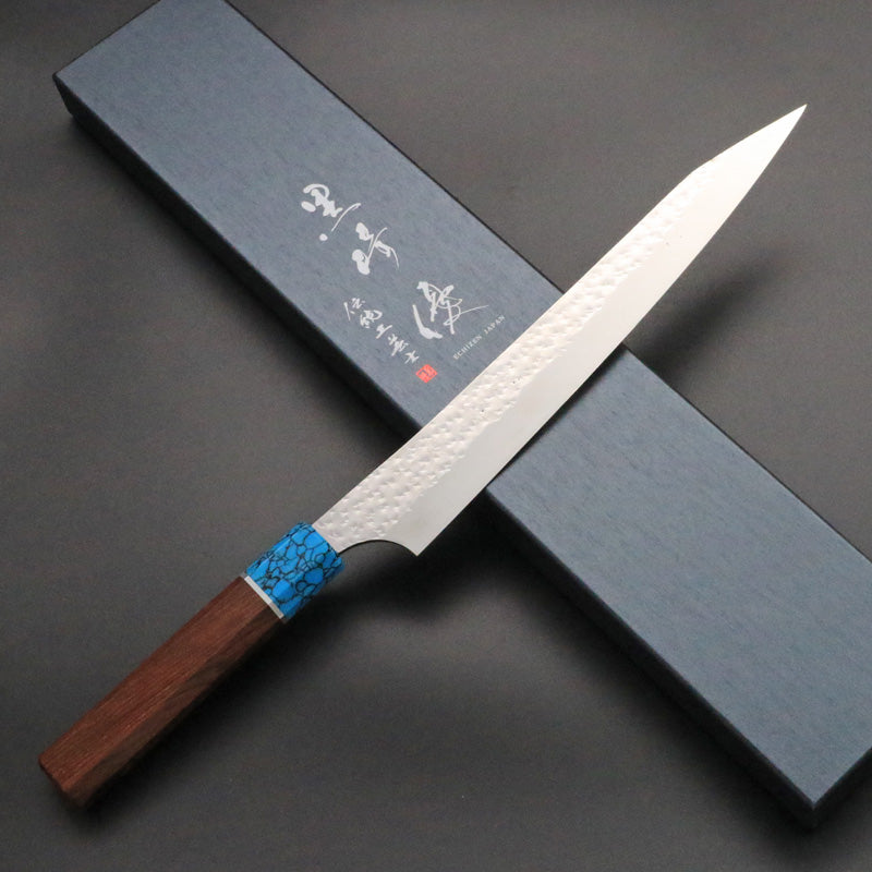 黒崎優 「閃光・鋭」筋引き包丁 240mm ウエンジ柄ターコイズ桂 – HAGAKURE