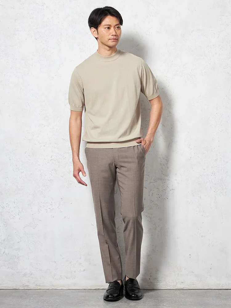 ホワイト 【綿100％】半袖 モックネック ニットTシャツ カジュアル