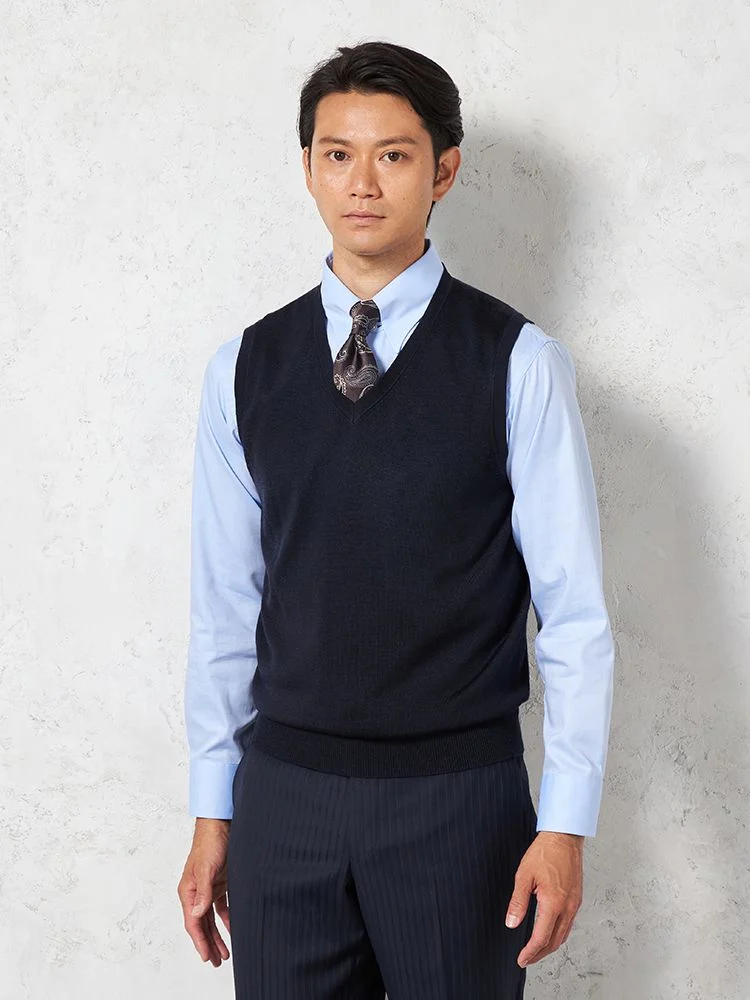 ネイビー 【制電＆抗ピリング】天竺 Vネックベスト カジュアル
