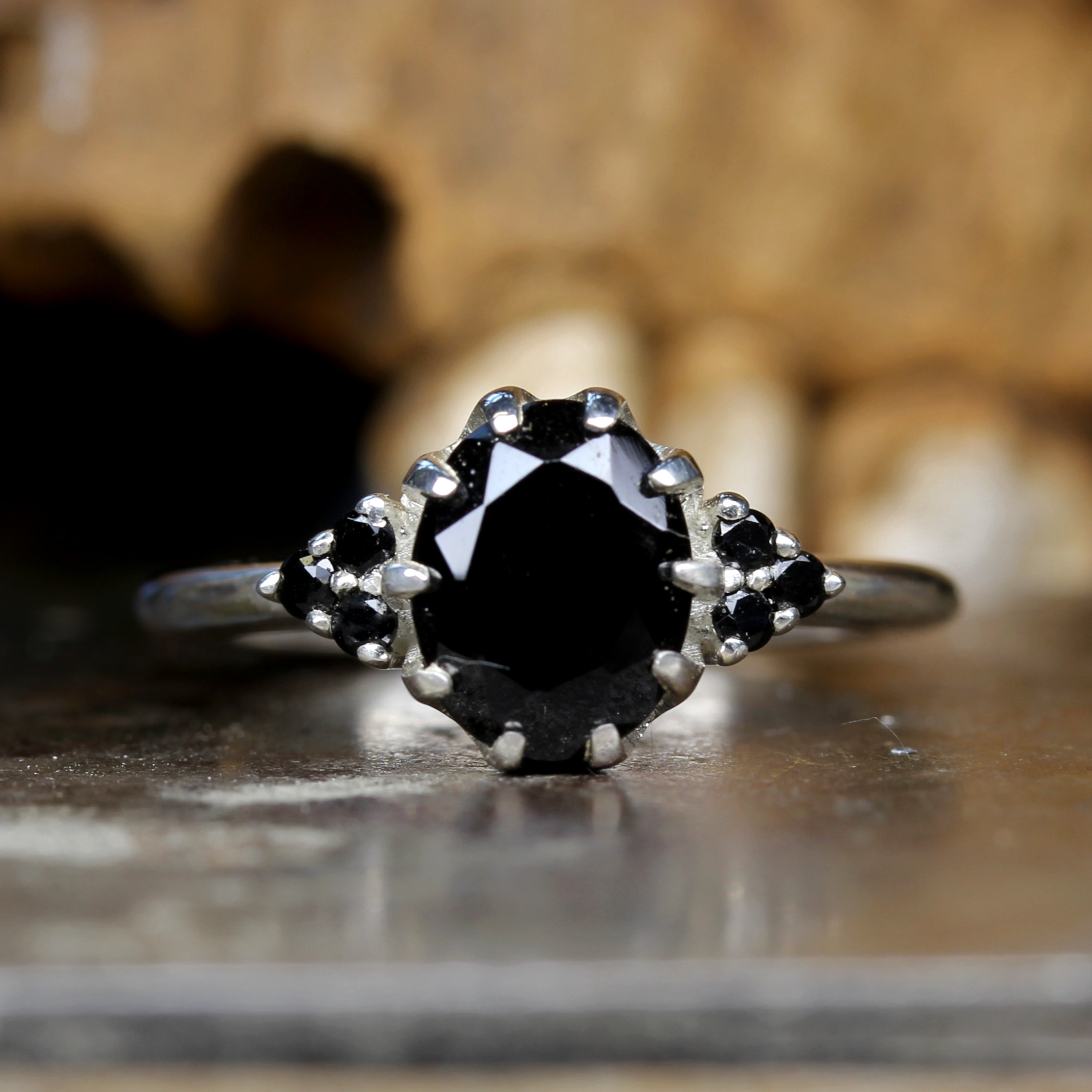 Black Trefoil Engagement Ring - Oval Spinel Gothic Silver band