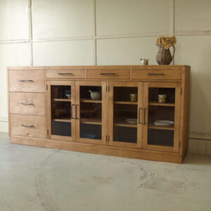 サイドボード002 200×90×40 無垢食器棚キッチンアイアン取手ガラス扉