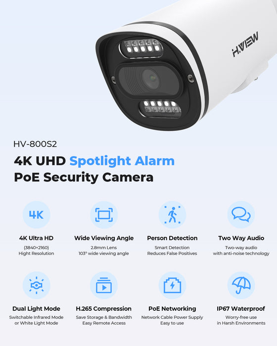 H.VIEW 8 Channels 4K 8MP PoE Security Camera System, Smart Dual