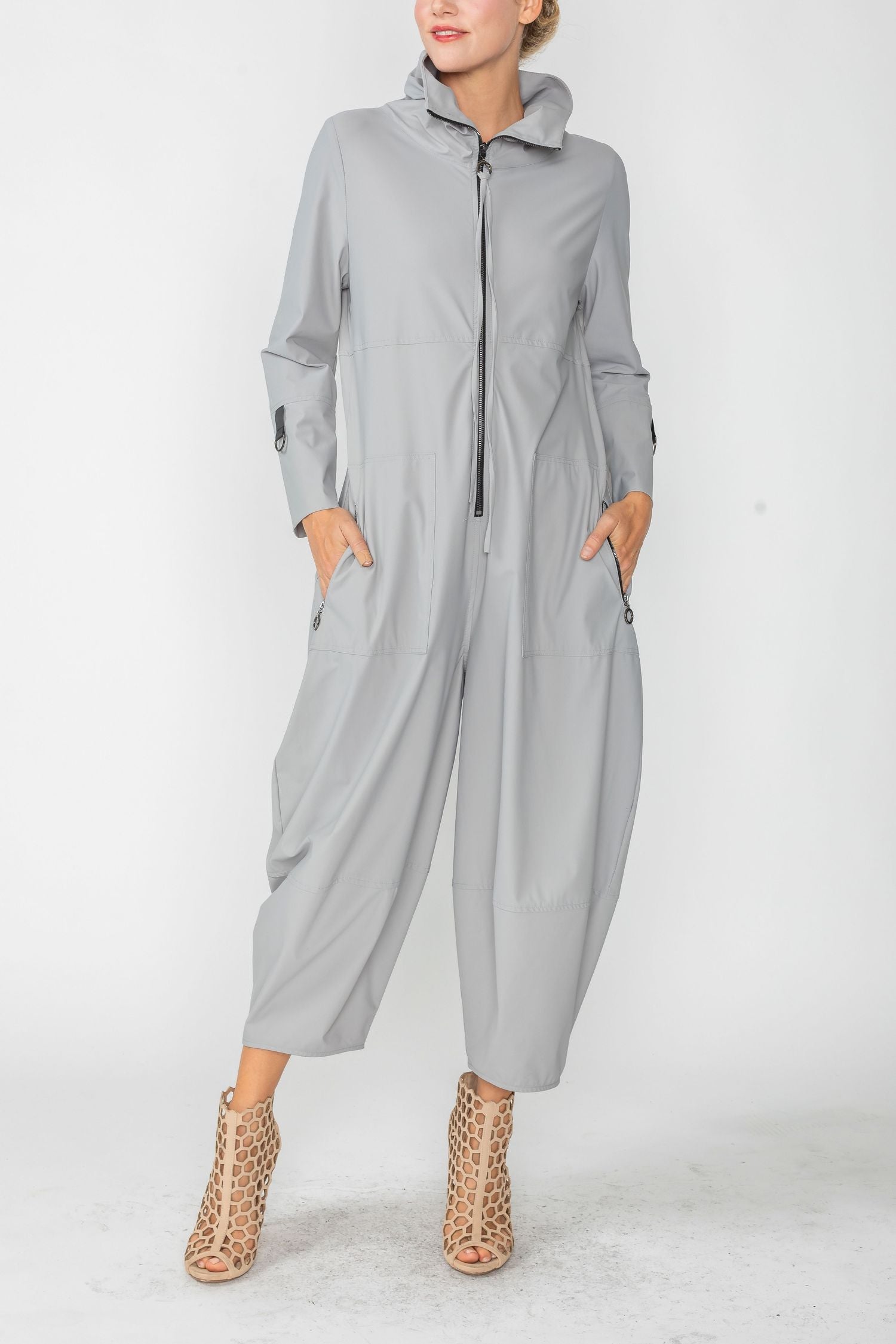 Gray Zip-Up Front Cropped Long Sleeve Jumpsuit – IC Collection