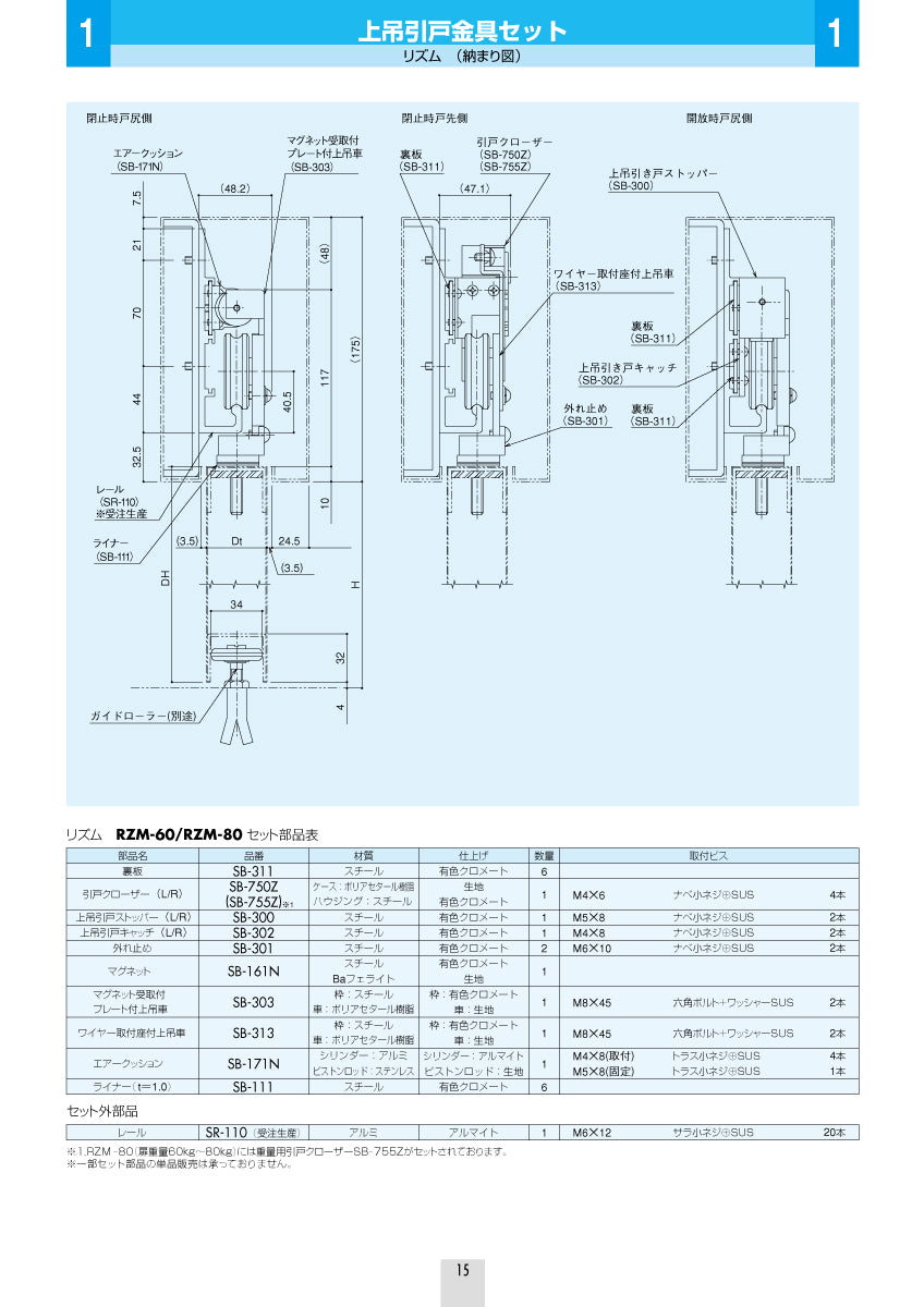 上吊引戸金具セット リズム RZM-60（扉重量：60kg以下用）｜シブタニ