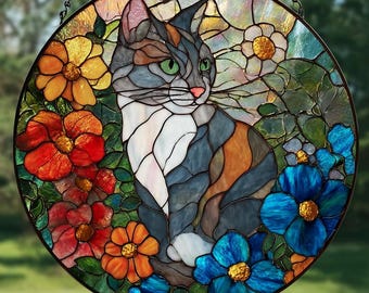 グレーのタビーキャットステンドグラスサンキャッチャー、花柄の窓飾り