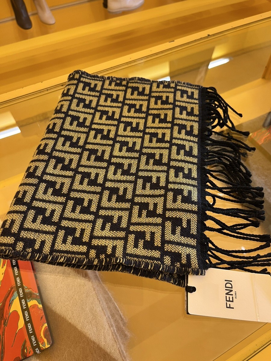 NWT FENDI Fendi Blue & Yellow Wool 'Forever Fendi' Scarf Men