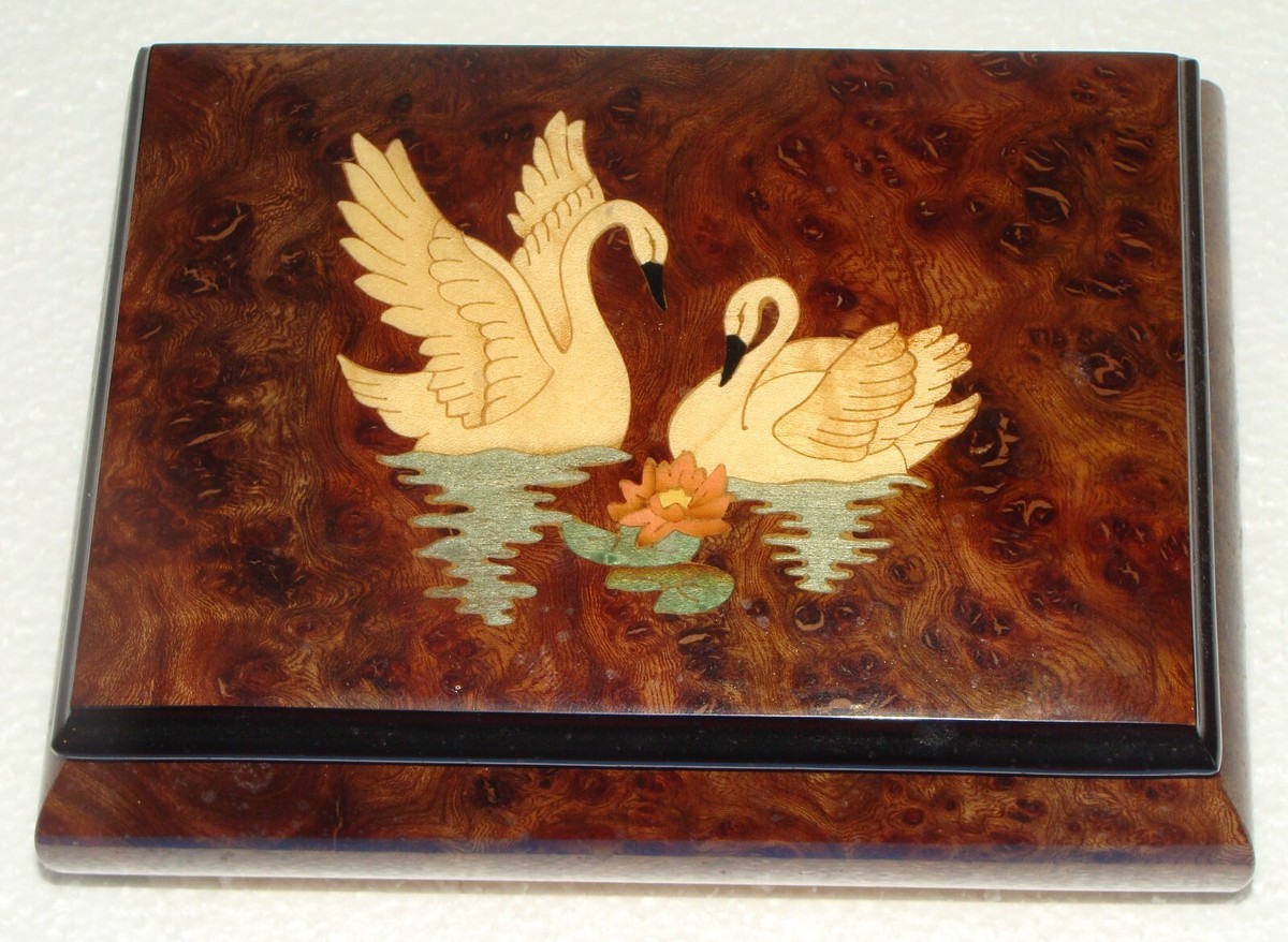 Vintage San Francisco Co. Music Box w/ Swans Lid Burl Wood