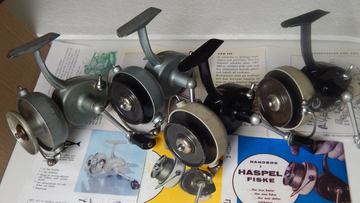 Early versions of 1950-60s' vintage ABU Record 444 spinning reels
