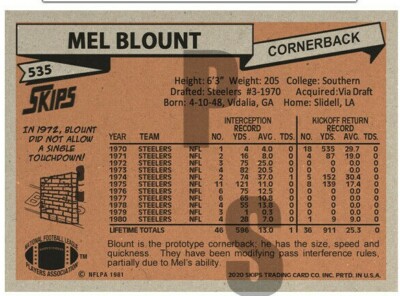 1981 STCC #535 Mel Blount Topps Pittsburgh Steelers HOF Custom