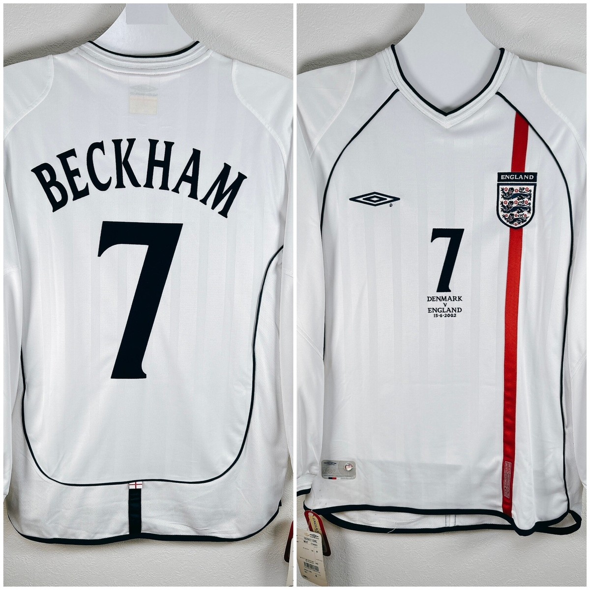 2002 England Home Jersey #7 Beckham Vs Denmark Umbro Soccer