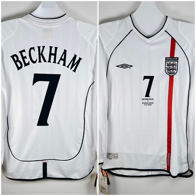 2002 England Home Jersey #7 Beckham Vs Denmark Umbro Soccer