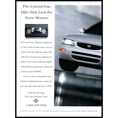 1995 Nissan Maxima 4 Door Sedan 2 Page Vintage Print Ad VHS Tape