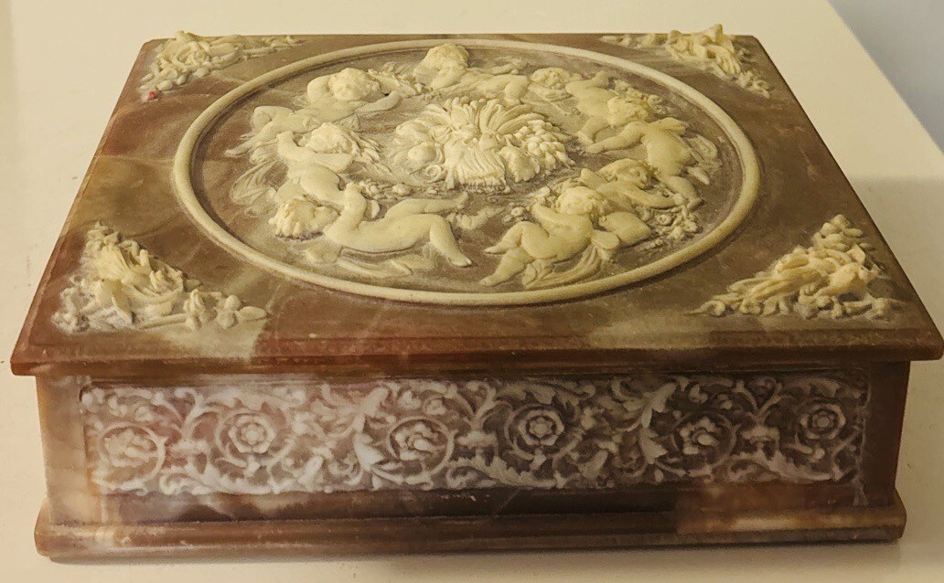 Vintage Incolay Stone Composite Jewelry Box With Tray Cherub