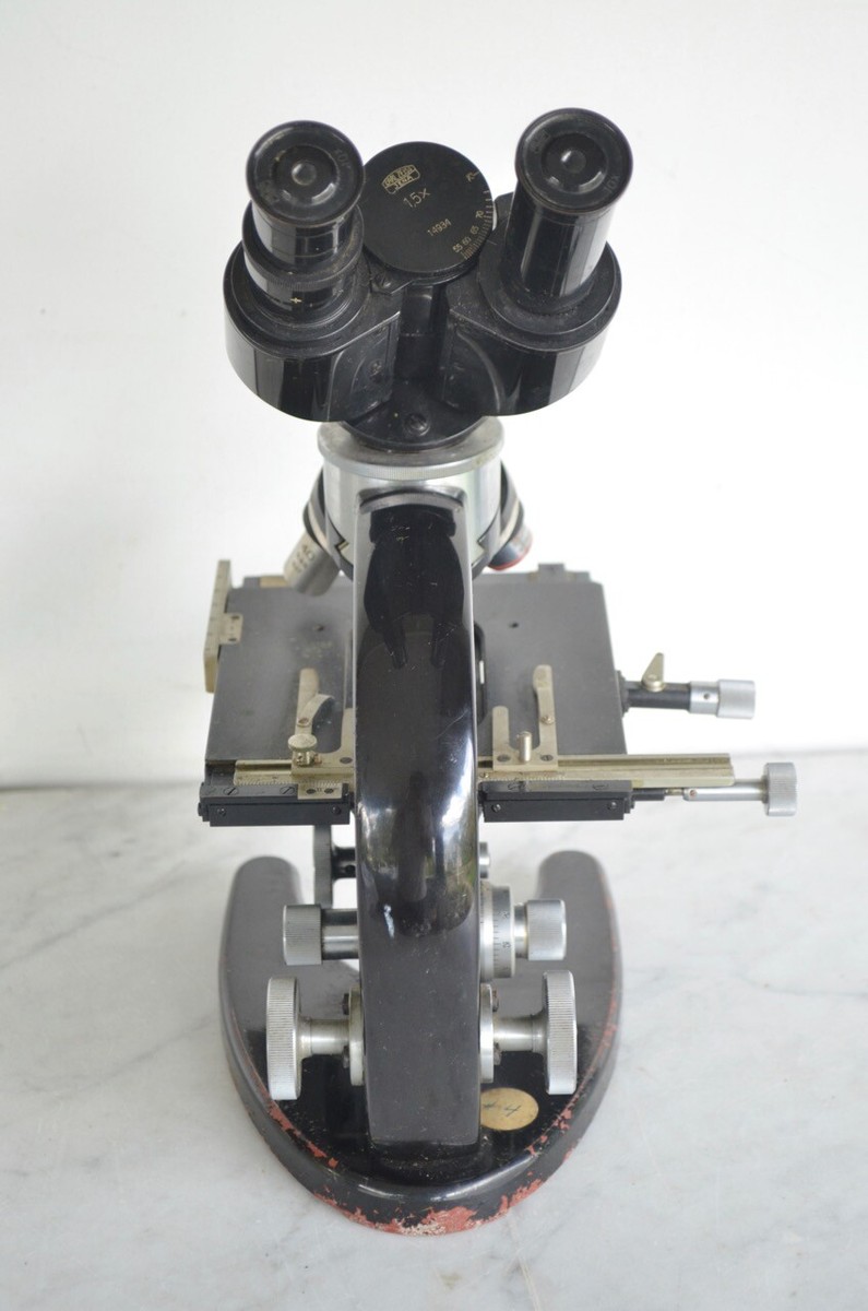 Vintage CARL ZEISS JENA Microscope & 4 Lenses & Original Wood Case