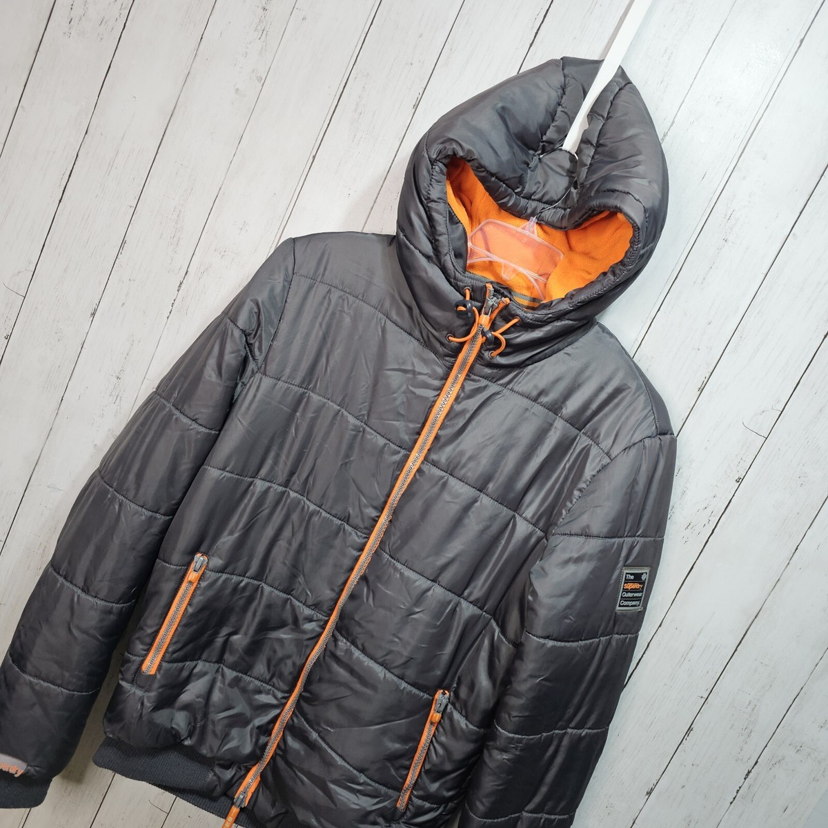 Superdry Japan Men's Gray Orange Sports Hooded Puffer Jacket Size