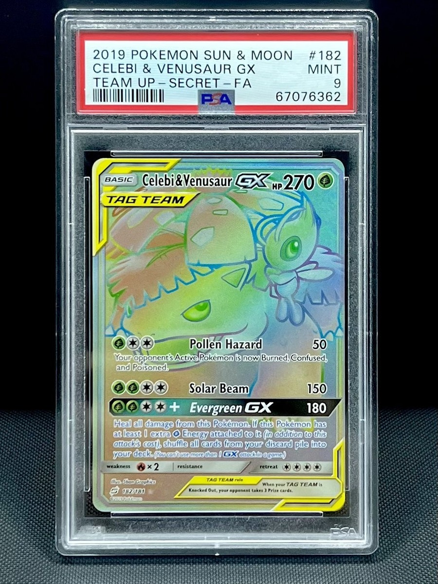 Celebi & Venusaur GX 182/181 Team Up Secret Rare Holo PSA 9 Mint