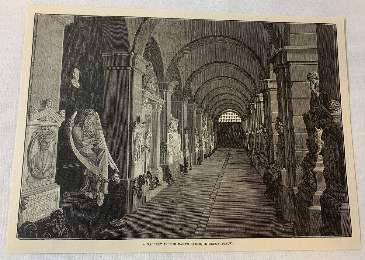 1887 magazine engraving ~ GALLERY IN THE CAMPO SANTO Genoa, Italy