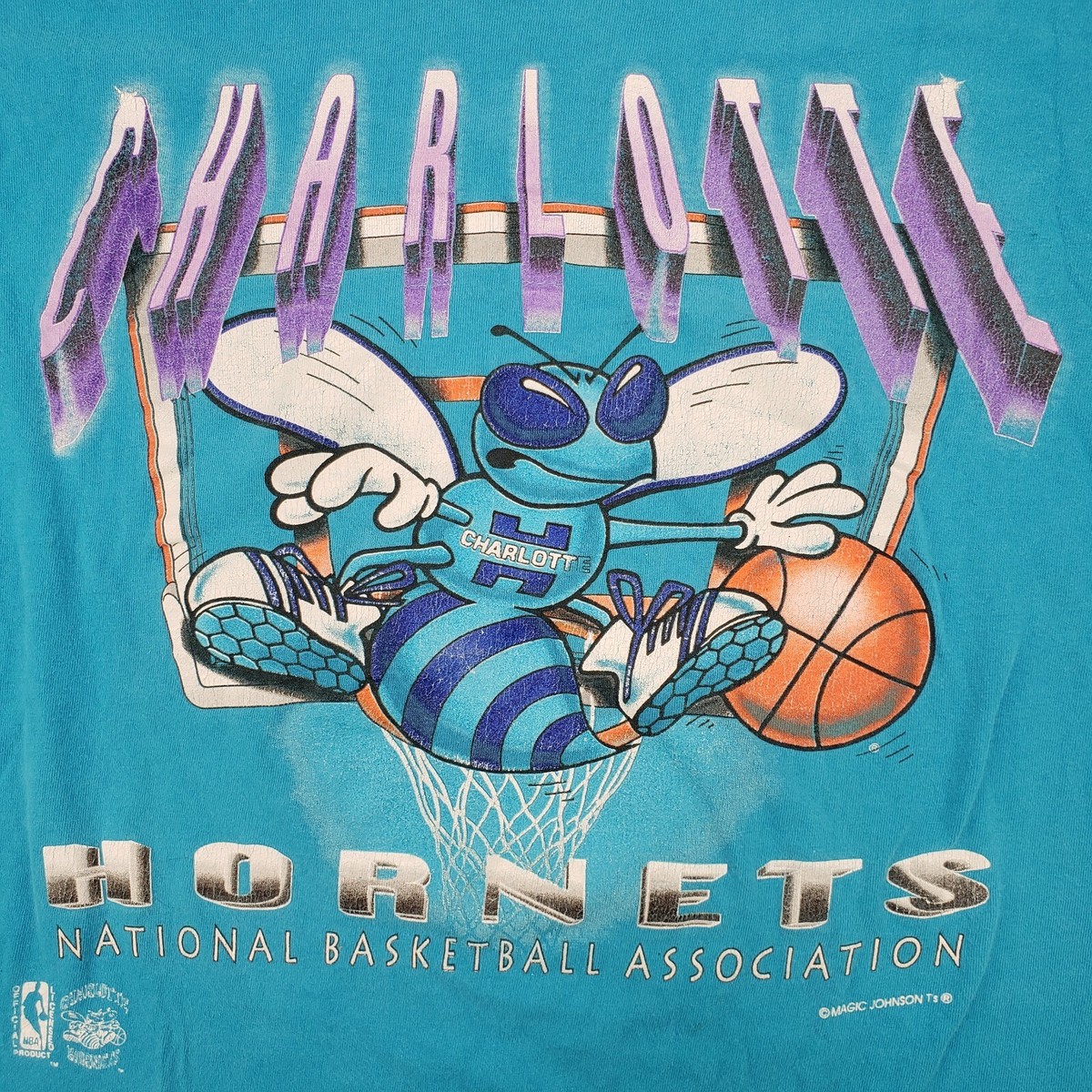 Vintage 90s Magic Johnson T's Charlotte Hornets Hugo Shirt Single